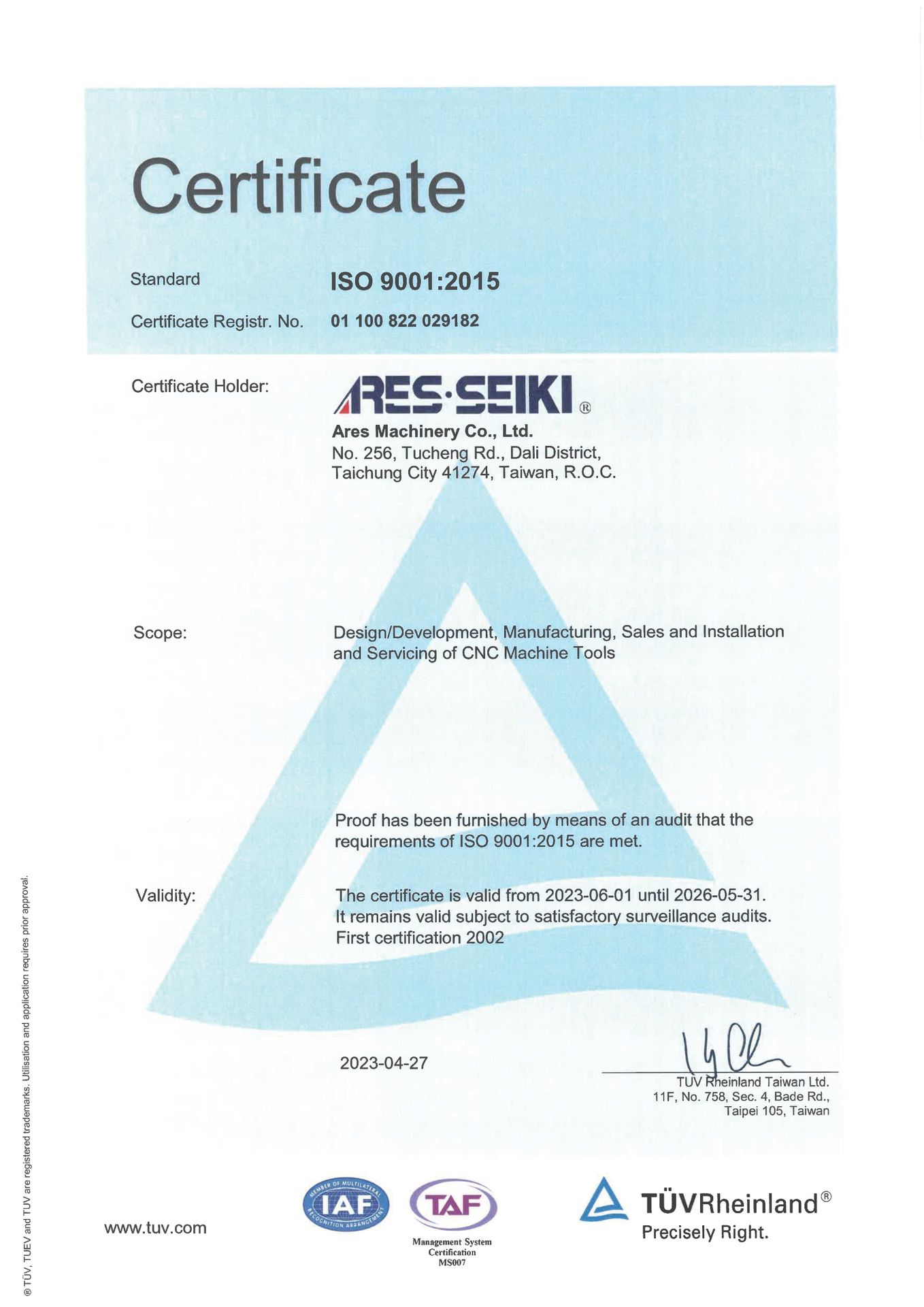 ISO 9001 Quality Assurance Certificate by TUV Germany